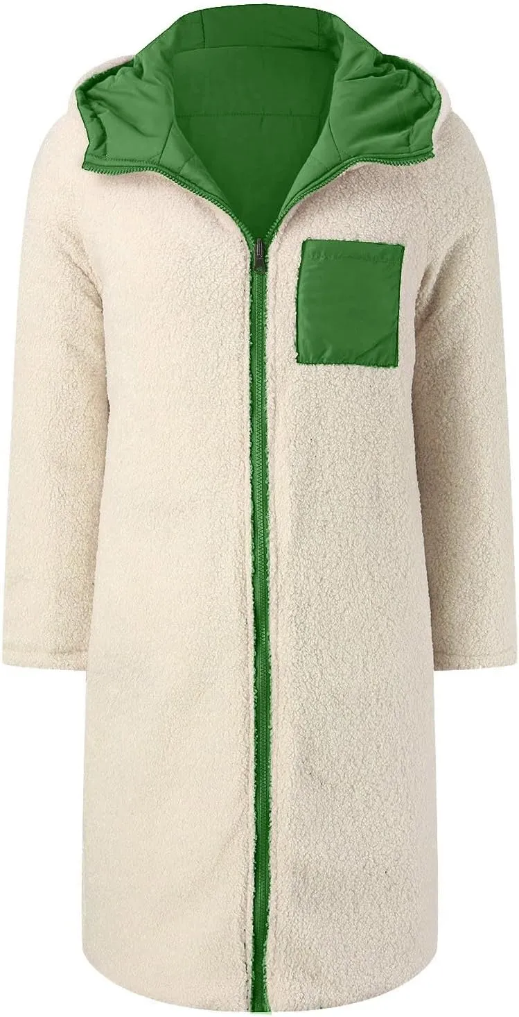 Women's 2024 Winter Fashion Clothes Oversized Fleece Long Coats Jackets Zip Up Warm Coats Long Hooded Puffer Jackets