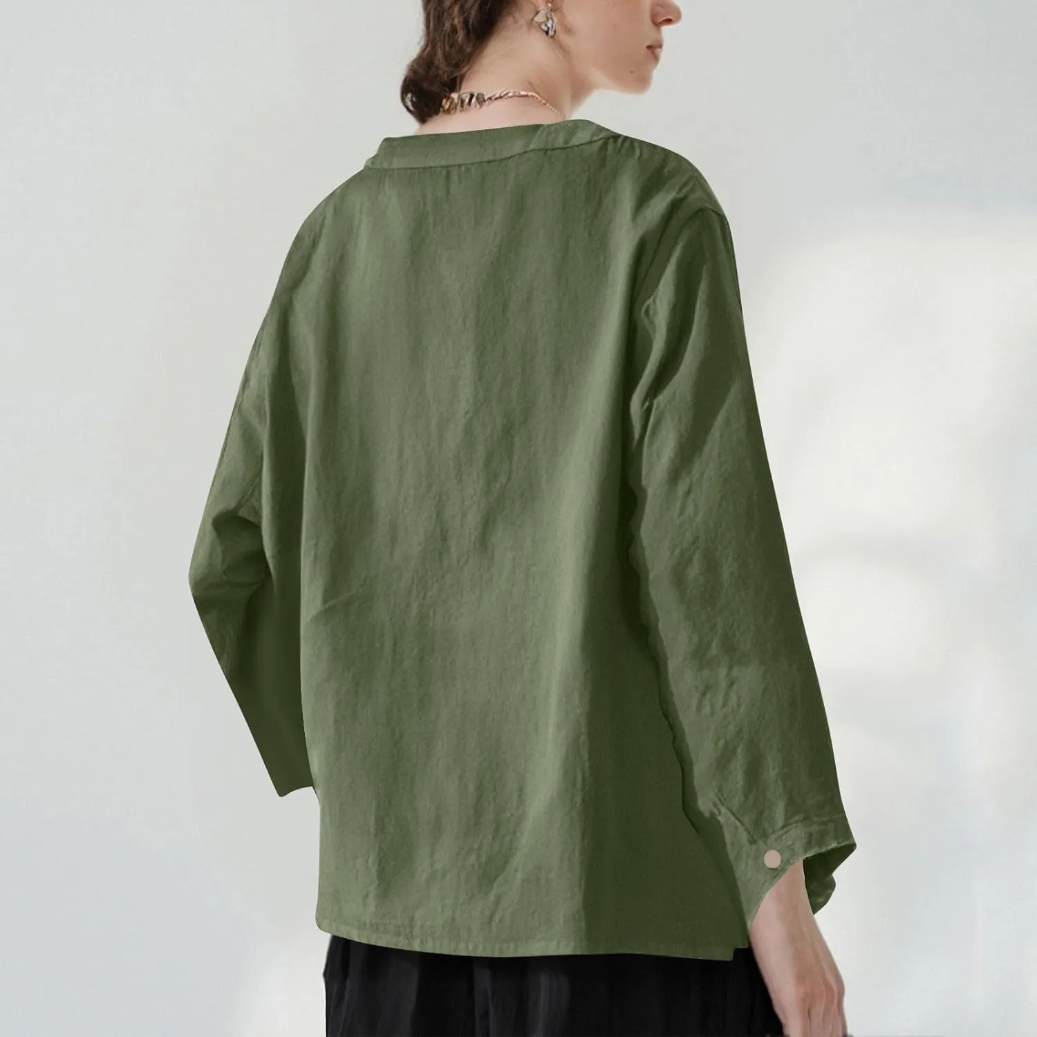 Womens 2025 Stand Collar Blouses Cotton-Linen Short Sleeve T-Shirts Summer Casual Loose Comfort Tops Daily Wear