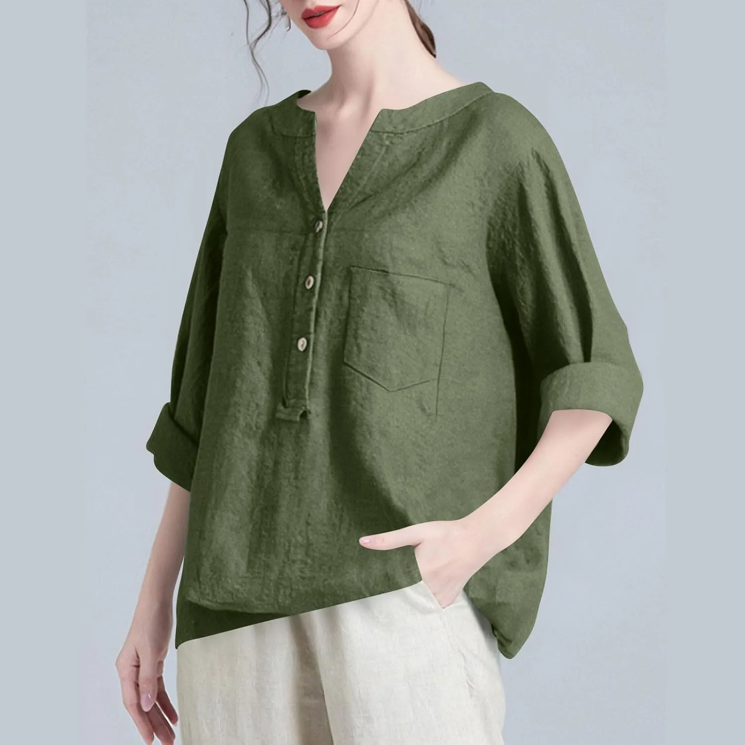 Womens 2025 Stand Collar Blouses Cotton-Linen Short Sleeve T-Shirts Summer Casual Loose Comfort Tops Daily Wear