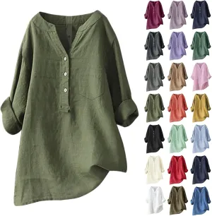 Womens 2025 Stand Collar Blouses Cotton-Linen Short Sleeve T-Shirts Summer Casual Loose Comfort Tops Daily Wear