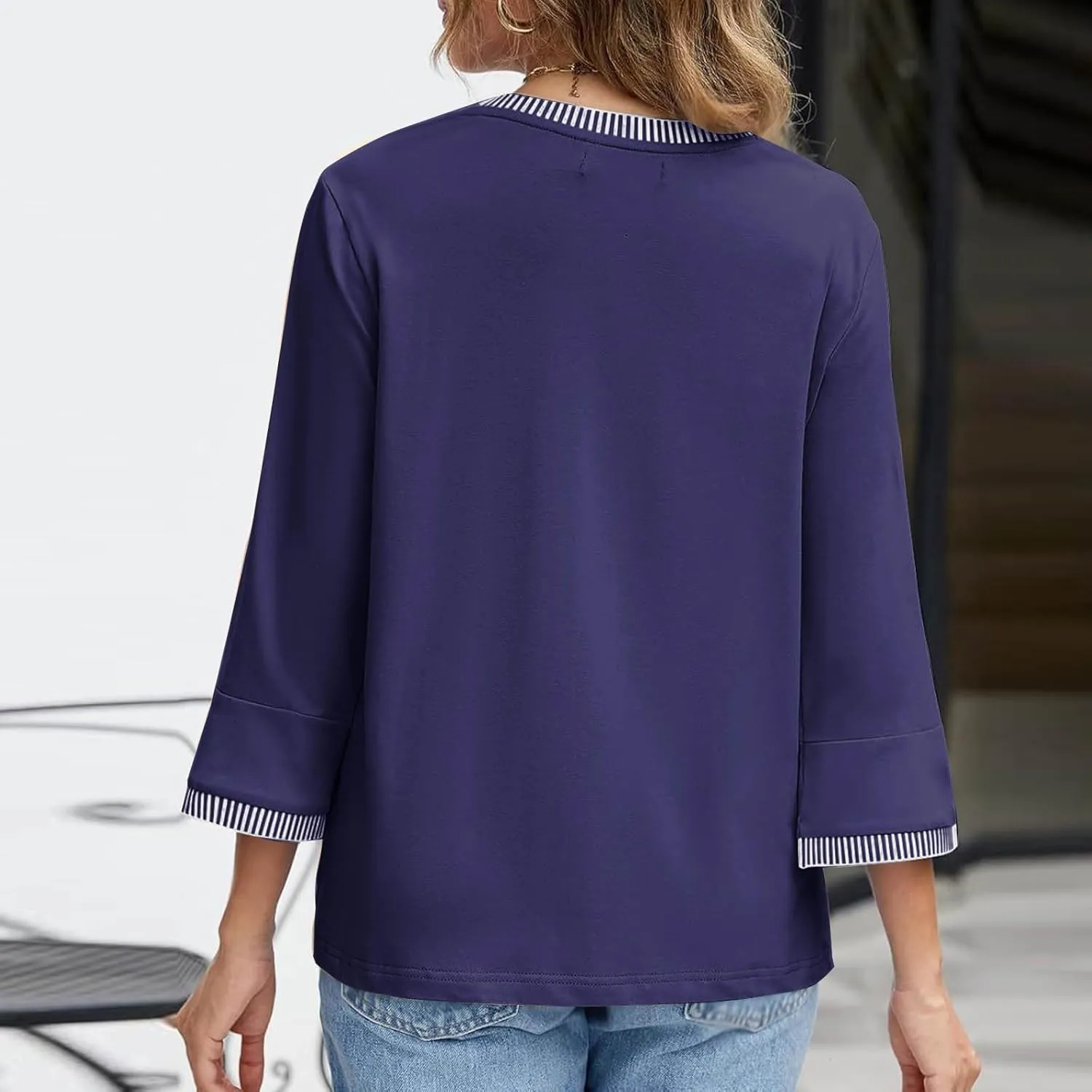 Women's 3/4 Sleeve Tops Dressy Casual Crew Neck Color Block Loose Shirts 2025 Summer Trendy Blouses Tees Blouses