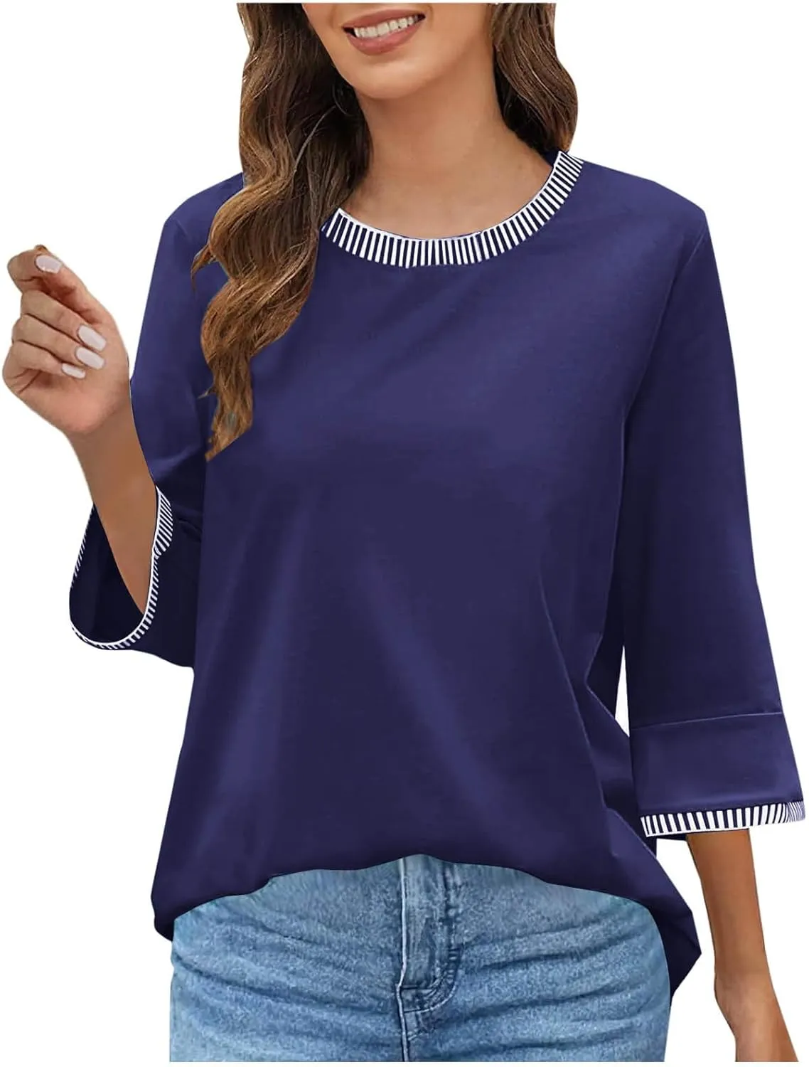 Women's 3/4 Sleeve Tops Dressy Casual Crew Neck Color Block Loose Shirts 2025 Summer Trendy Blouses Tees Blouses