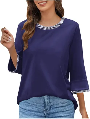Women's 3/4 Sleeve Tops Dressy Casual Crew Neck Color Block Loose Shirts 2025 Summer Trendy Blouses Tees Blouses