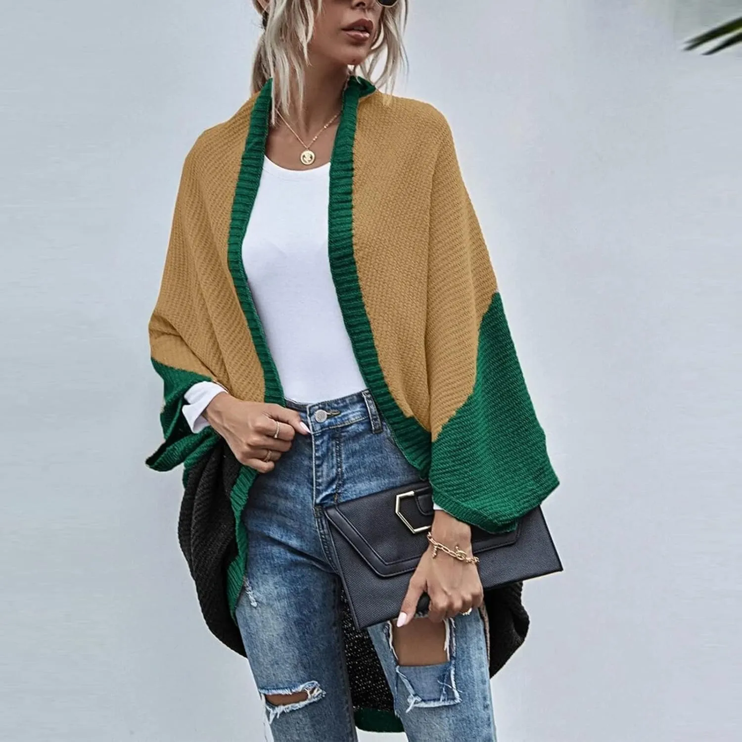 Womens Batwing Sleeve Poncho Sweater Open Front Color Block Knitted Cardigan Shawls Wraps Capes Gifts for Women Mom