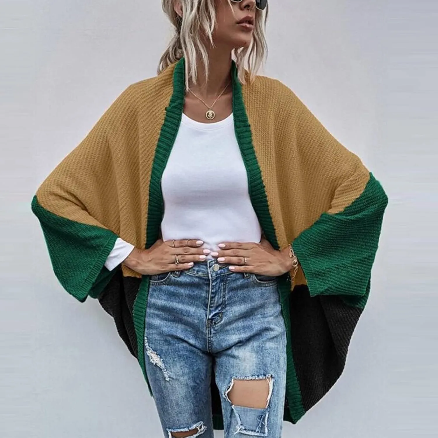 Womens Batwing Sleeve Poncho Sweater Open Front Color Block Knitted Cardigan Shawls Wraps Capes Gifts for Women Mom