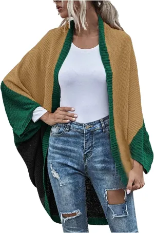 Womens Batwing Sleeve Poncho Sweater Open Front Color Block Knitted Cardigan Shawls Wraps Capes Gifts for Women Mom