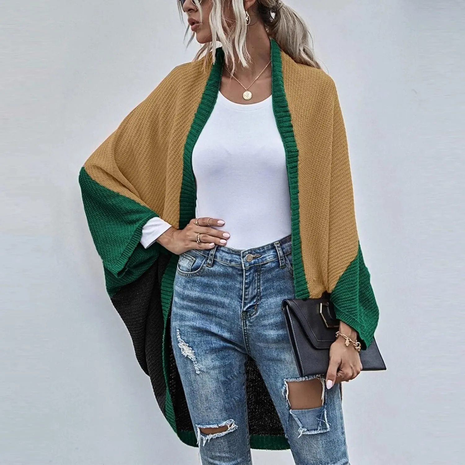 Womens Batwing Sleeve Poncho Sweater Open Front Color Block Knitted Cardigan Shawls Wraps Capes Gifts for Women Mom