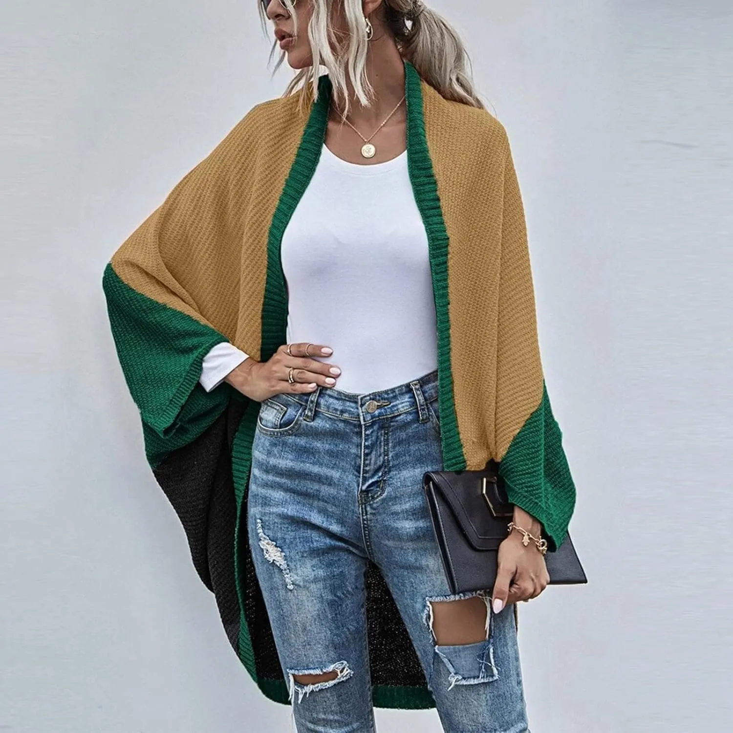 Womens Batwing Sleeve Poncho Sweater Open Front Color Block Knitted Cardigan Shawls Wraps Capes Gifts for Women Mom