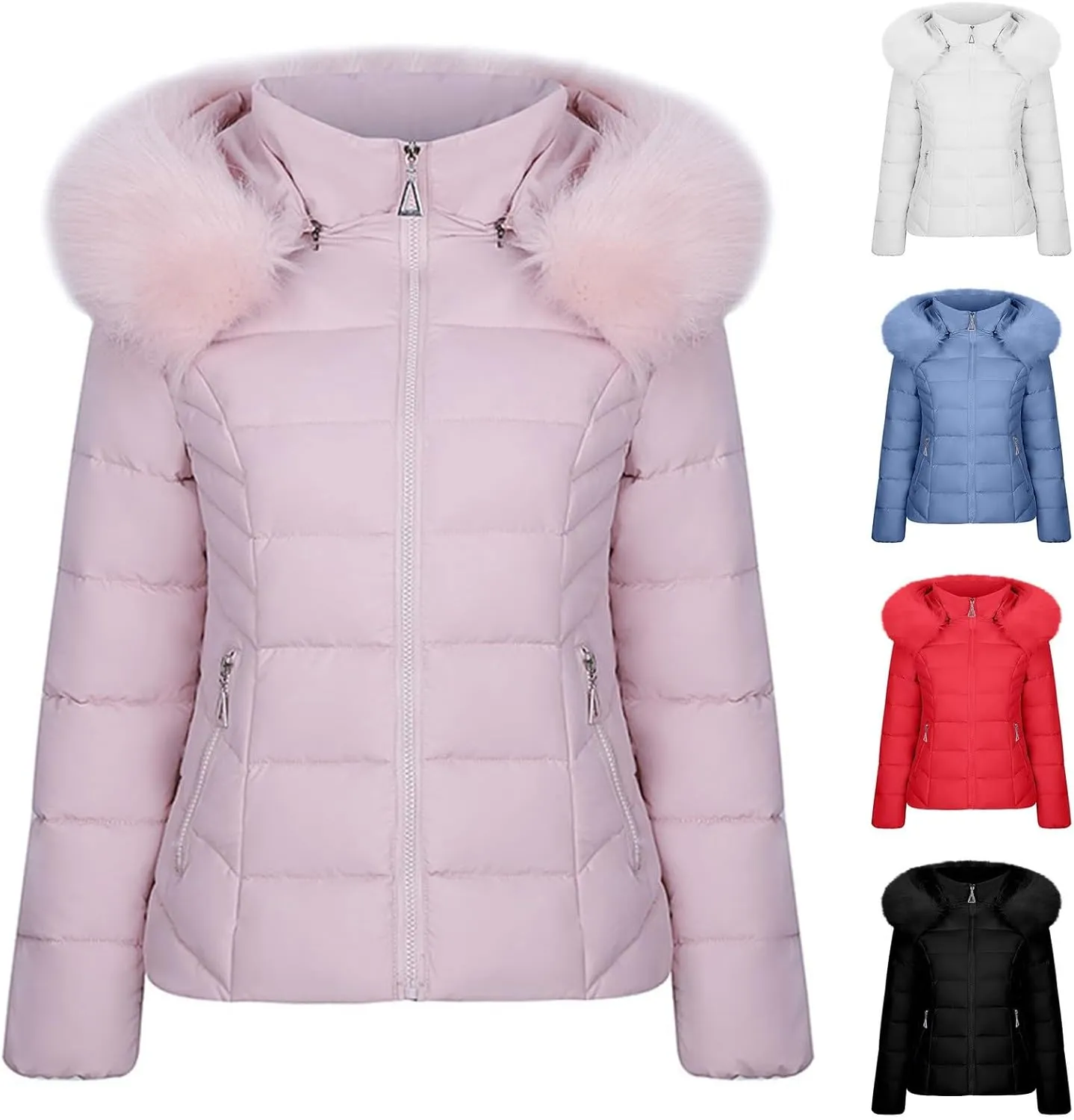Womens Casual Solid Puffer Coat Full Zip Long Sleeve Down Jacket Hooded Thicken Warm Padded Outwear 2024 Winter Coats