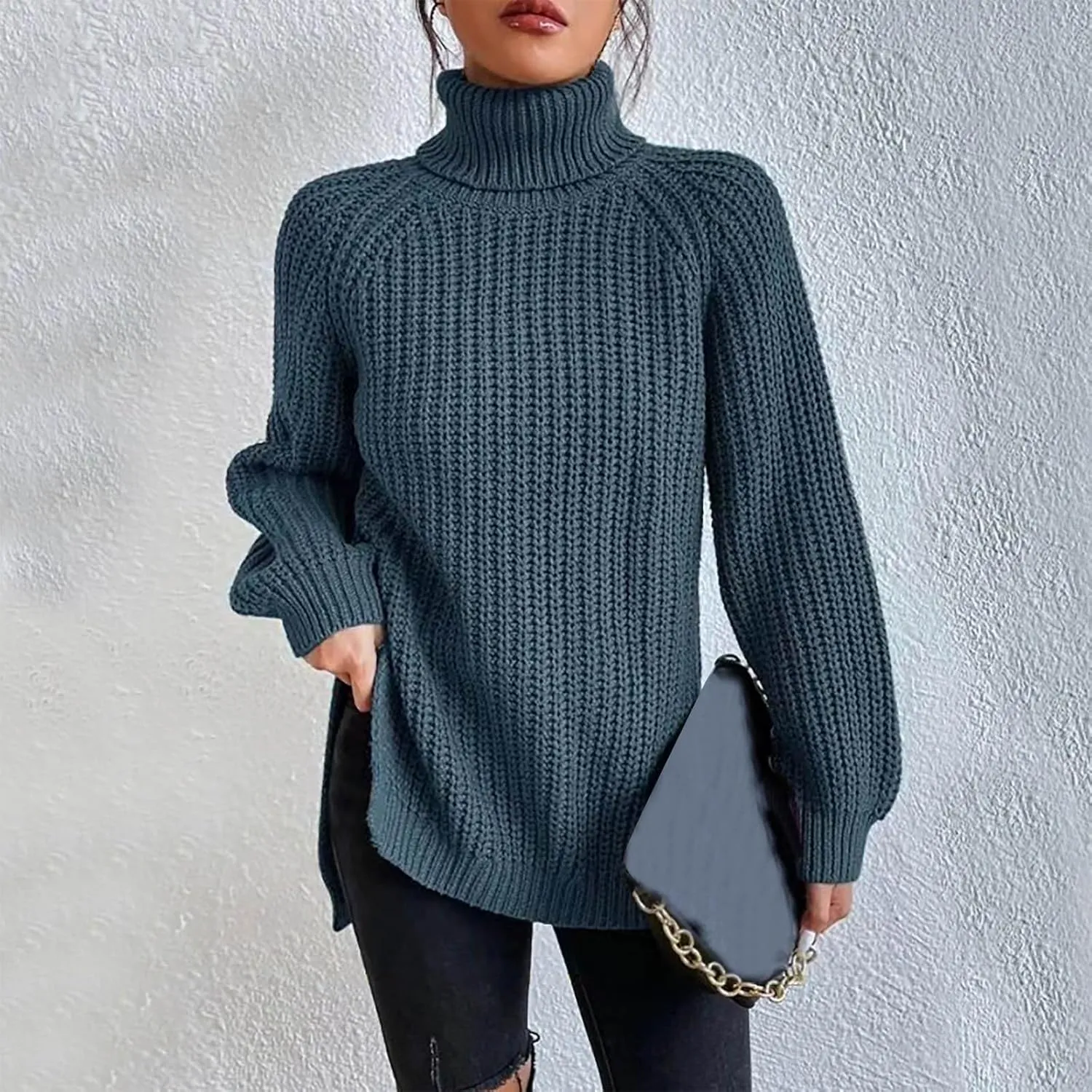 Women's Casual Sweater Turtleneck Ribbed Cable Knitted Solid Loose Sweater Comfy Fashion Pullover 2024 Fall Winter Clothes