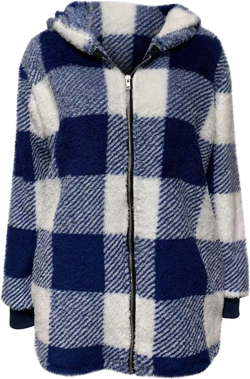 Womens Coat Winter Trendy Fuzzy Fleece Hoodies Zip Up Sherpa Fall Jackets Warm Plaid Cardigans With Pockets Outfits