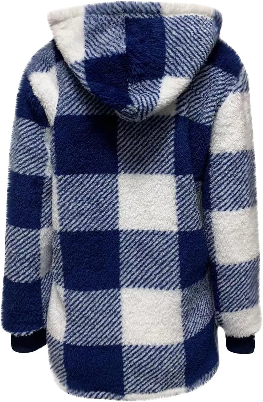 Womens Coat Winter Trendy Fuzzy Fleece Hoodies Zip Up Sherpa Fall Jackets Warm Plaid Cardigans With Pockets Outfits