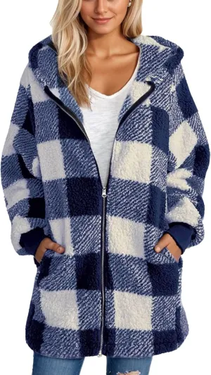 Womens Coat Winter Trendy Fuzzy Fleece Hoodies Zip Up Sherpa Fall Jackets Warm Plaid Cardigans With Pockets Outfits