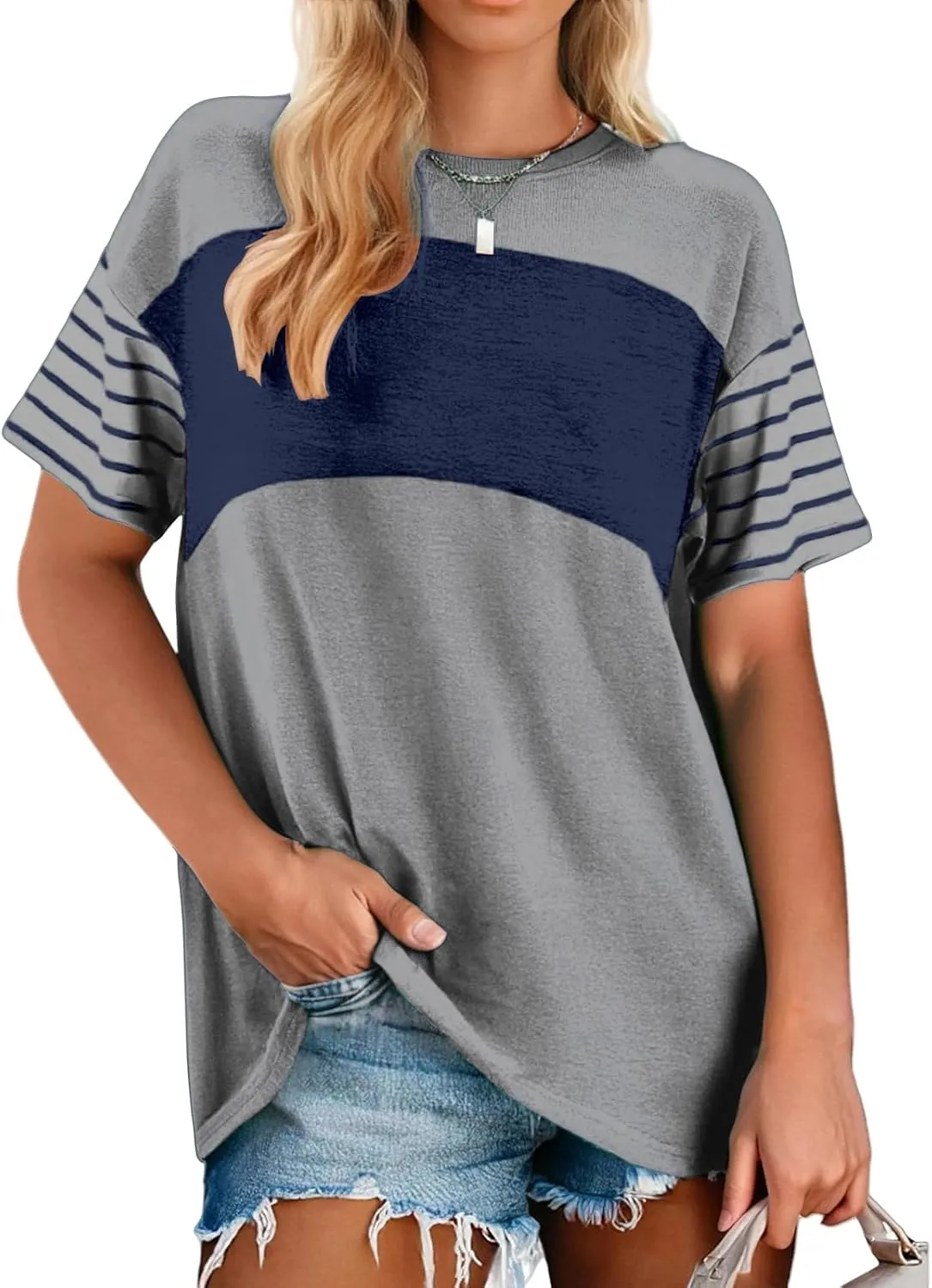Women's Color Block Top Striped Short Sleeve T-Shirts Crewneck Oversized Tunic Casual Loose Fit Tee Summer Comfy Blouse