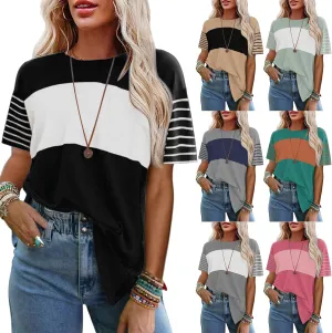 Women's Color Block Top Striped Short Sleeve T-Shirts Crewneck Oversized Tunic Casual Loose Fit Tee Summer Comfy Blouse