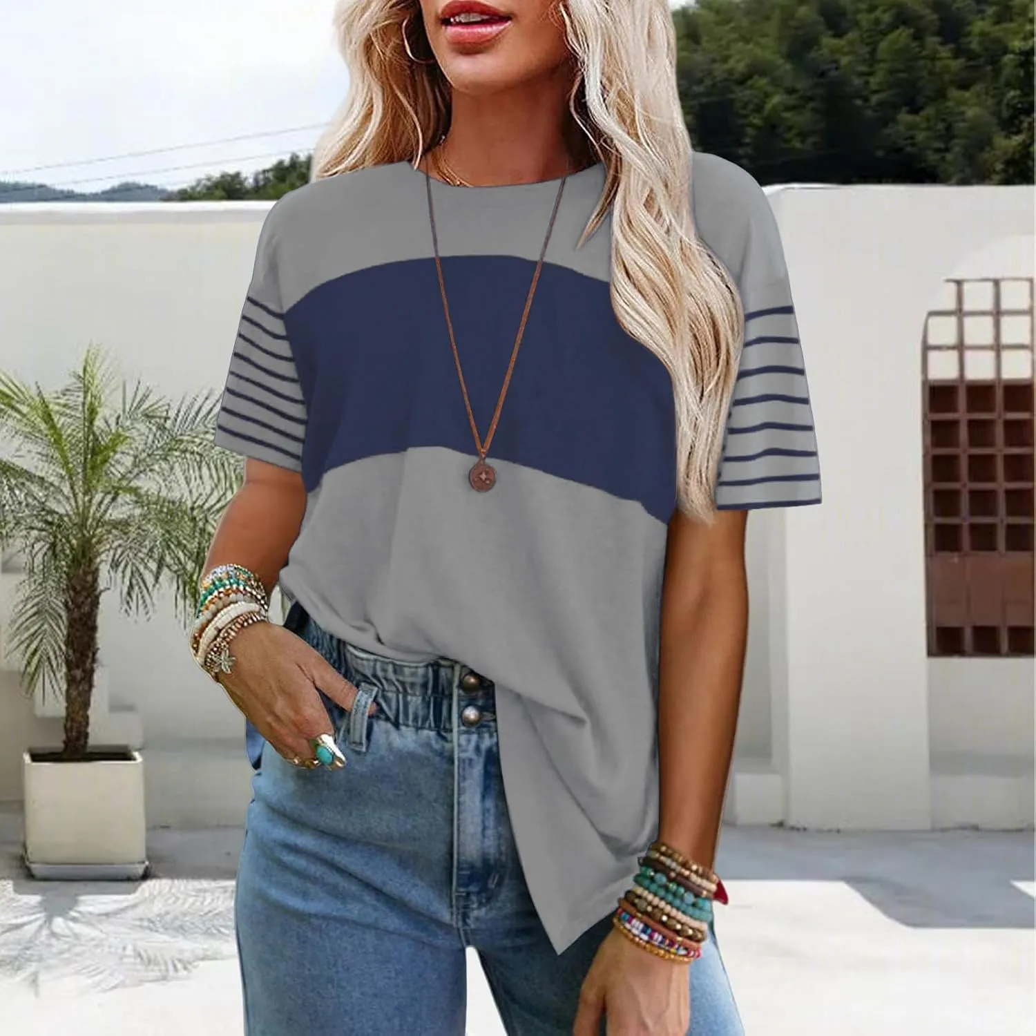Women's Color Block Top Striped Short Sleeve T-Shirts Crewneck Oversized Tunic Casual Loose Fit Tee Summer Comfy Blouse