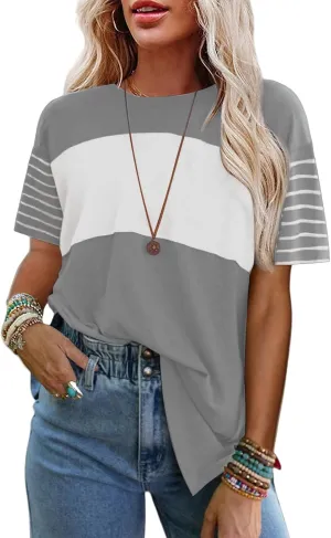 Women's Color Block Top Striped Short Sleeve T-Shirts Crewneck Oversized Tunic Casual Loose Fit Tee Summer Comfy Blouse