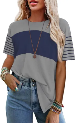 Women's Color Block Top Striped Short Sleeve T-Shirts Crewneck Oversized Tunic Casual Loose Fit Tee Summer Comfy Blouse