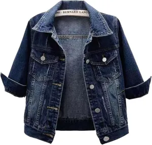 Womens Colored 3/4 Sleeve Short Denim Jackets Lapel Button Down Cropped Jean Jackets Coats
