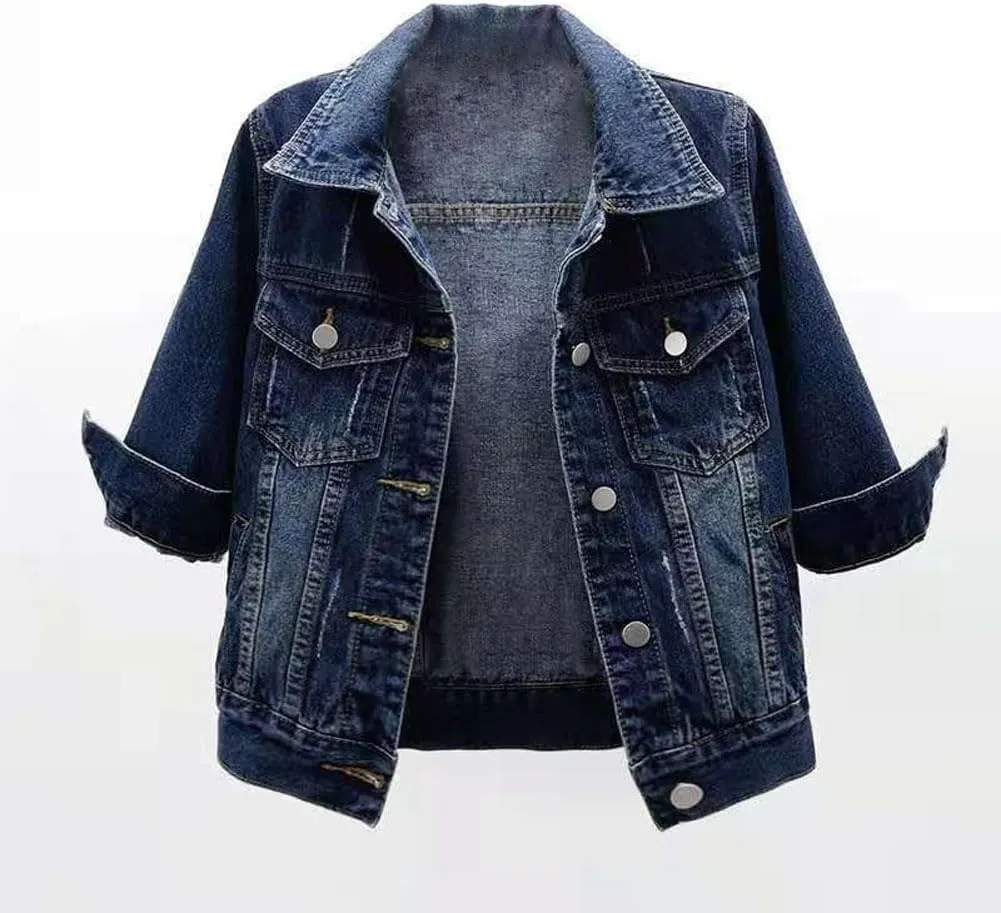 Womens Colored 3/4 Sleeve Short Denim Jackets Lapel Button Down Cropped Jean Jackets Coats