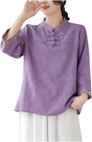 Women's Cotton Linen Blouse Vintage Chinese Style Mandarin Collar Tops Elegant Casual 3/4 Sleeve Shirts Summer Tshirt