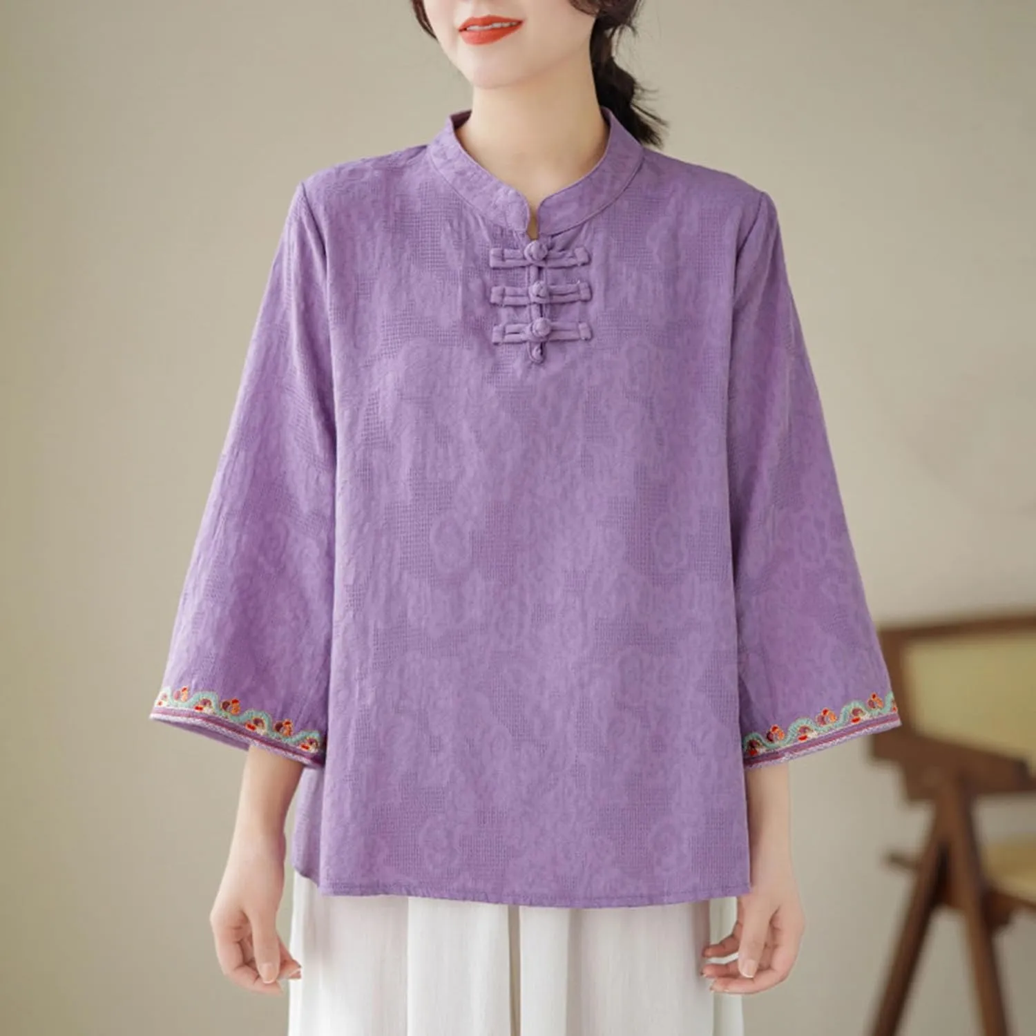 Women's Cotton Linen Blouse Vintage Chinese Style Mandarin Collar Tops Elegant Casual 3/4 Sleeve Shirts Summer Tshirt