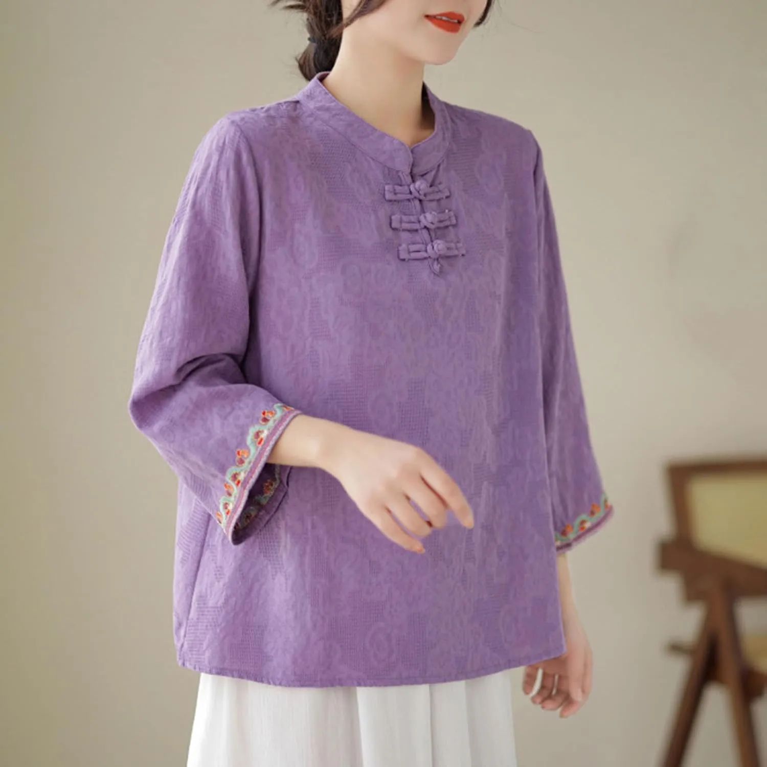 Women's Cotton Linen Blouse Vintage Chinese Style Mandarin Collar Tops Elegant Casual 3/4 Sleeve Shirts Summer Tshirt