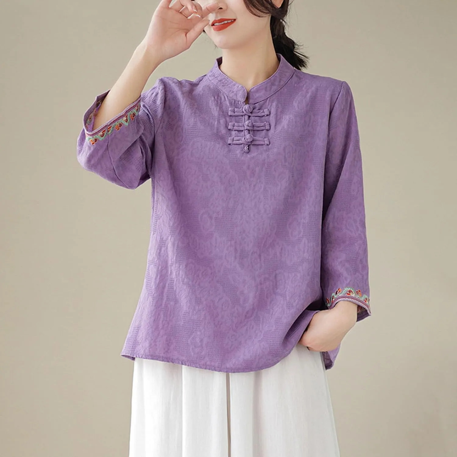 Women's Cotton Linen Blouse Vintage Chinese Style Mandarin Collar Tops Elegant Casual 3/4 Sleeve Shirts Summer Tshirt