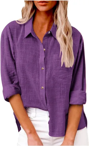 Womens Cotton Linen Button Down Shirts Long Sleeve Collared Gauze Blouses Business Casual Tshirts Loose Summer Tops