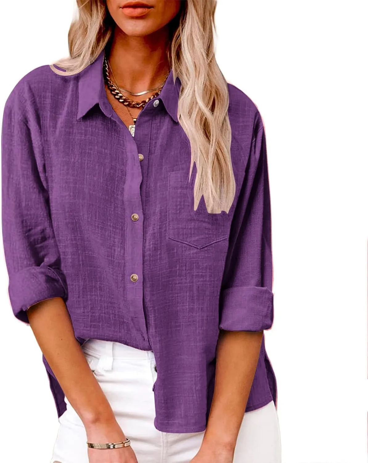 Womens Cotton Linen Button Down Shirts Long Sleeve Collared Gauze Blouses Business Casual Tshirts Loose Summer Tops