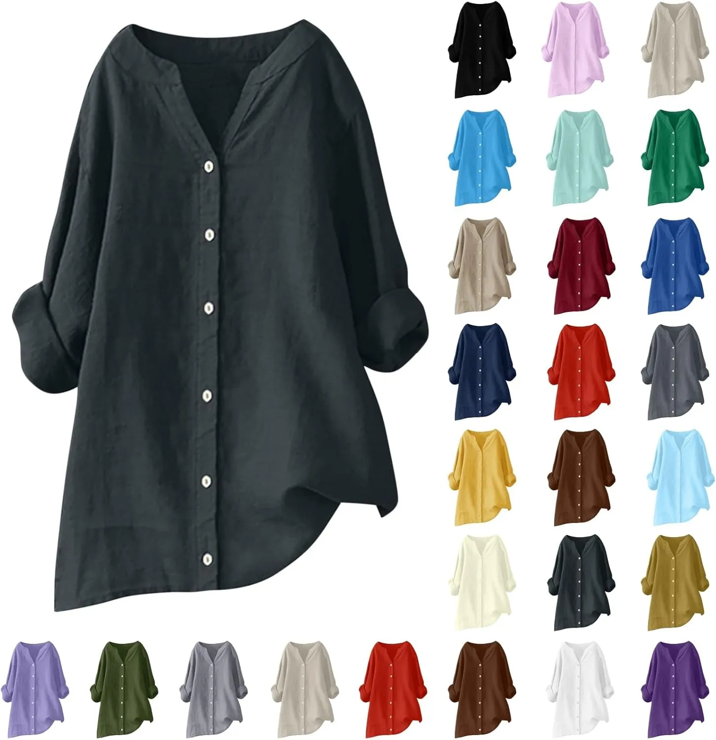 Women's Cotton Linen Button Down Shirts Summer Blouse Long Sleeve V Neck Loose Gauze Tunic Casual Beach Clothes 2025