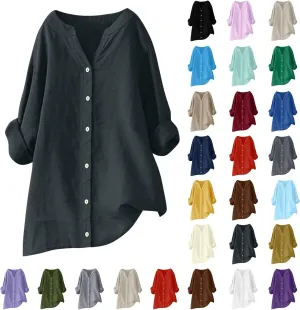 Women's Cotton Linen Button Down Shirts Summer Blouse Long Sleeve V Neck Loose Gauze Tunic Casual Beach Clothes 2025