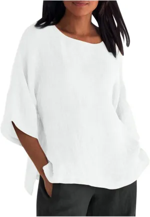 Womens Cotton Linen Shirts Casual Lightweight Gauze Tunics Tops Crewneck Blouses Spring Fashion Loose Shirts Clothing