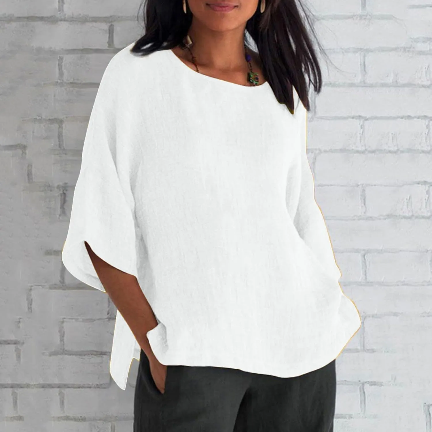 Womens Cotton Linen Shirts Casual Lightweight Gauze Tunics Tops Crewneck Blouses Spring Fashion Loose Shirts Clothing