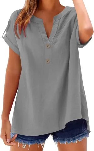 Womens Cotton Linen Tops Short Sleeve V Neck Soft Button Down Tops 2025 Spring Summer Plus Size Blouses Dressy S-5XL