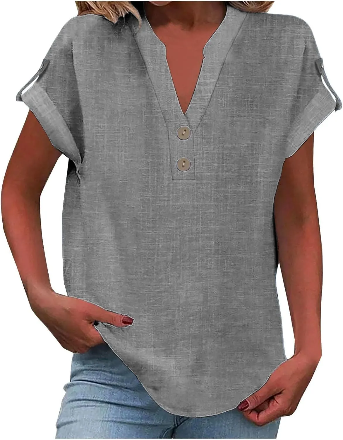 Womens Cotton Linen Tops Short Sleeve V Neck Soft Button Down Tops 2025 Spring Summer Plus Size Blouses Dressy S-5XL