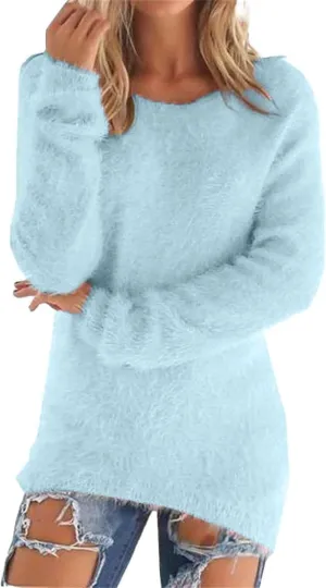 Womens Crewneck Tops Sweatshirt Fluffy Fuzzy Jumper Sweater for Women Fashionable Long Sleeve Pullovers Loose Tops