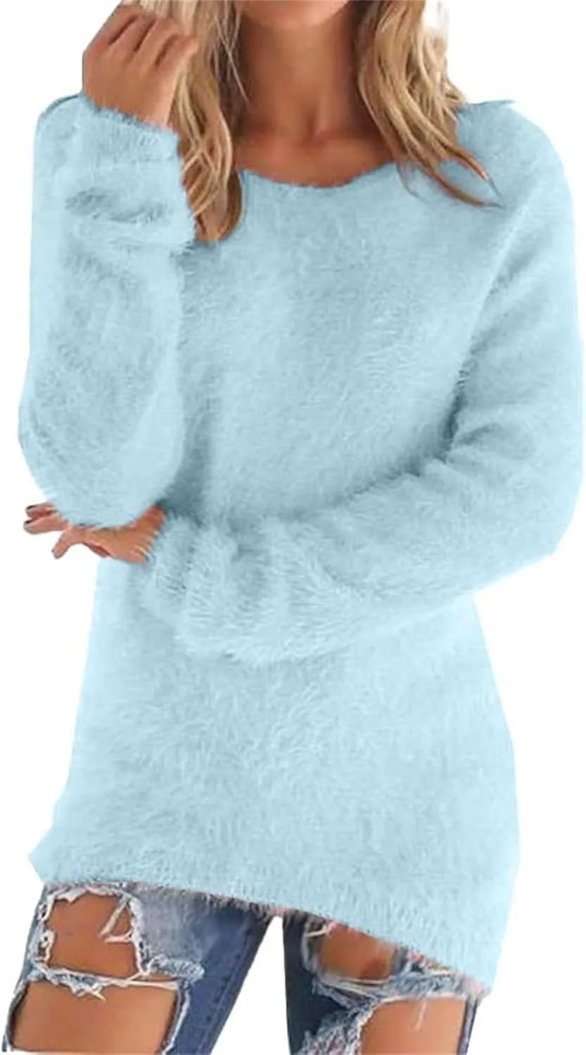 Womens Crewneck Tops Sweatshirt Fluffy Fuzzy Jumper Sweater for Women Fashionable Long Sleeve Pullovers Loose Tops