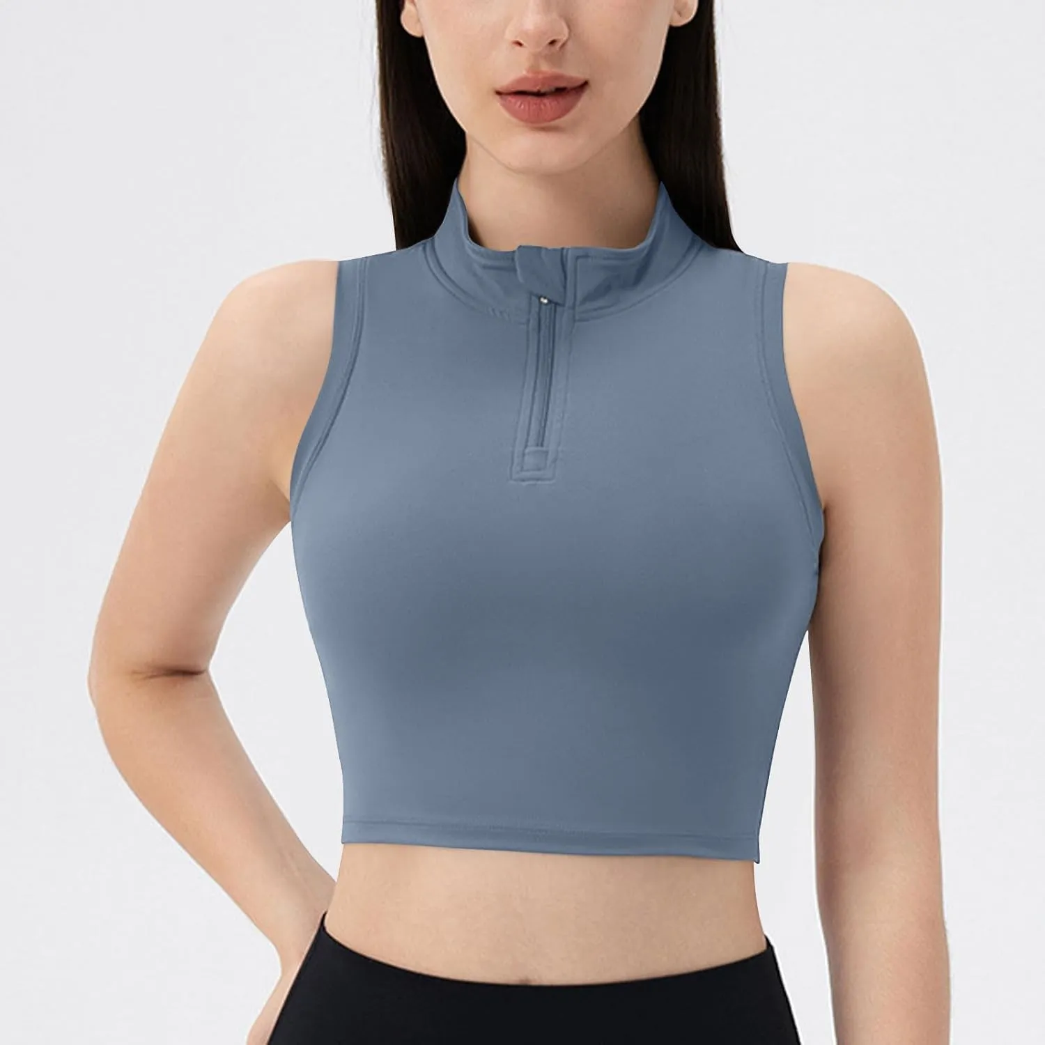 Womens Crop Tops with Removable Bra Front Half Zip Stand Collar Tank Slim Fit Sleeveless Shirt Gym Yoga Golf Clothes