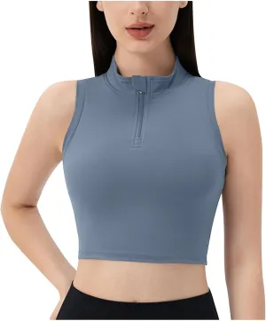 Womens Crop Tops with Removable Bra Front Half Zip Stand Collar Tank Slim Fit Sleeveless Shirt Gym Yoga Golf Clothes