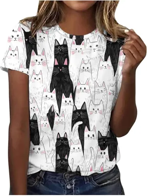 Women's Cute Cat Printed Summer Tops Loose Fit Basic Crewneck Short Sleeve Tunic T-Shirts Trendy Casual Graphic Tees Blouse