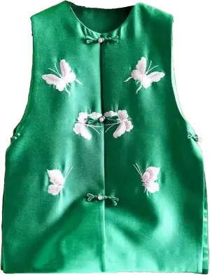 Women's Elegant Embroidered Vest - Crew-Neck Sleeveless Breathable Satin Blouse with Side Splits Wedding Guest Top