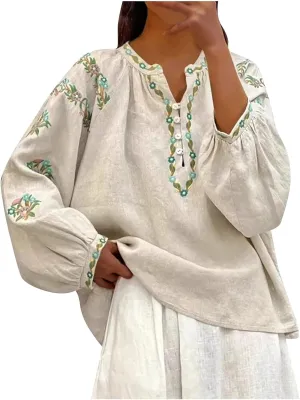 Women's Embroidery Cotton Linen Shirts Long Sleeve Tops Casual Trendy Blouse Holiday Beach Cover Ups Boho Blouse