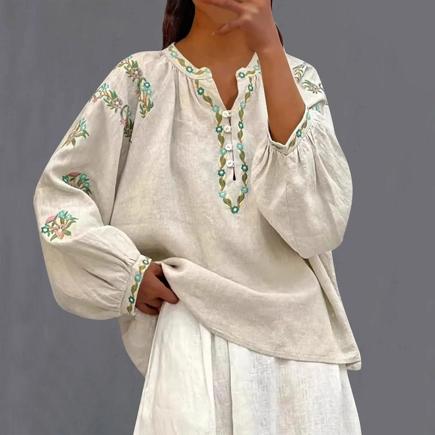 Women's Embroidery Cotton Linen Shirts Long Sleeve Tops Casual Trendy Blouse Holiday Beach Cover Ups Boho Blouse