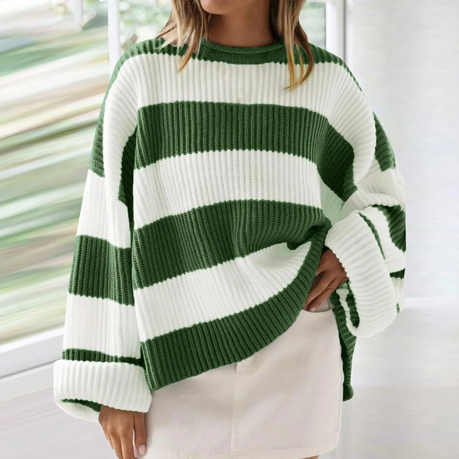 Women's Fall Long Sleeve Crew Neck Striped Color Block Comfy Loose Oversized Knitted Pullover Sweater 2025