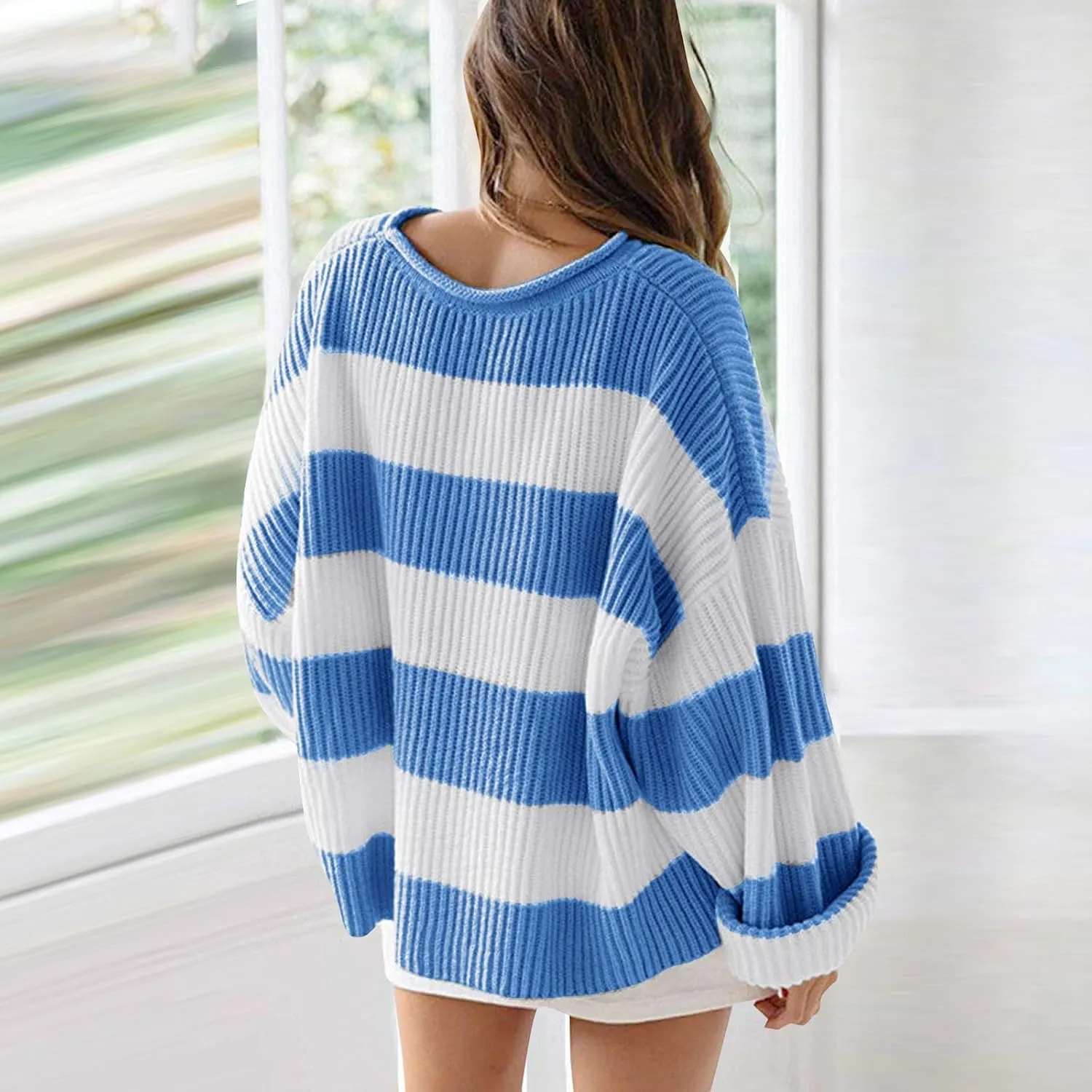 Women's Fall Long Sleeve Crew Neck Striped Color Block Comfy Loose Oversized Knitted Pullover Sweater 2025