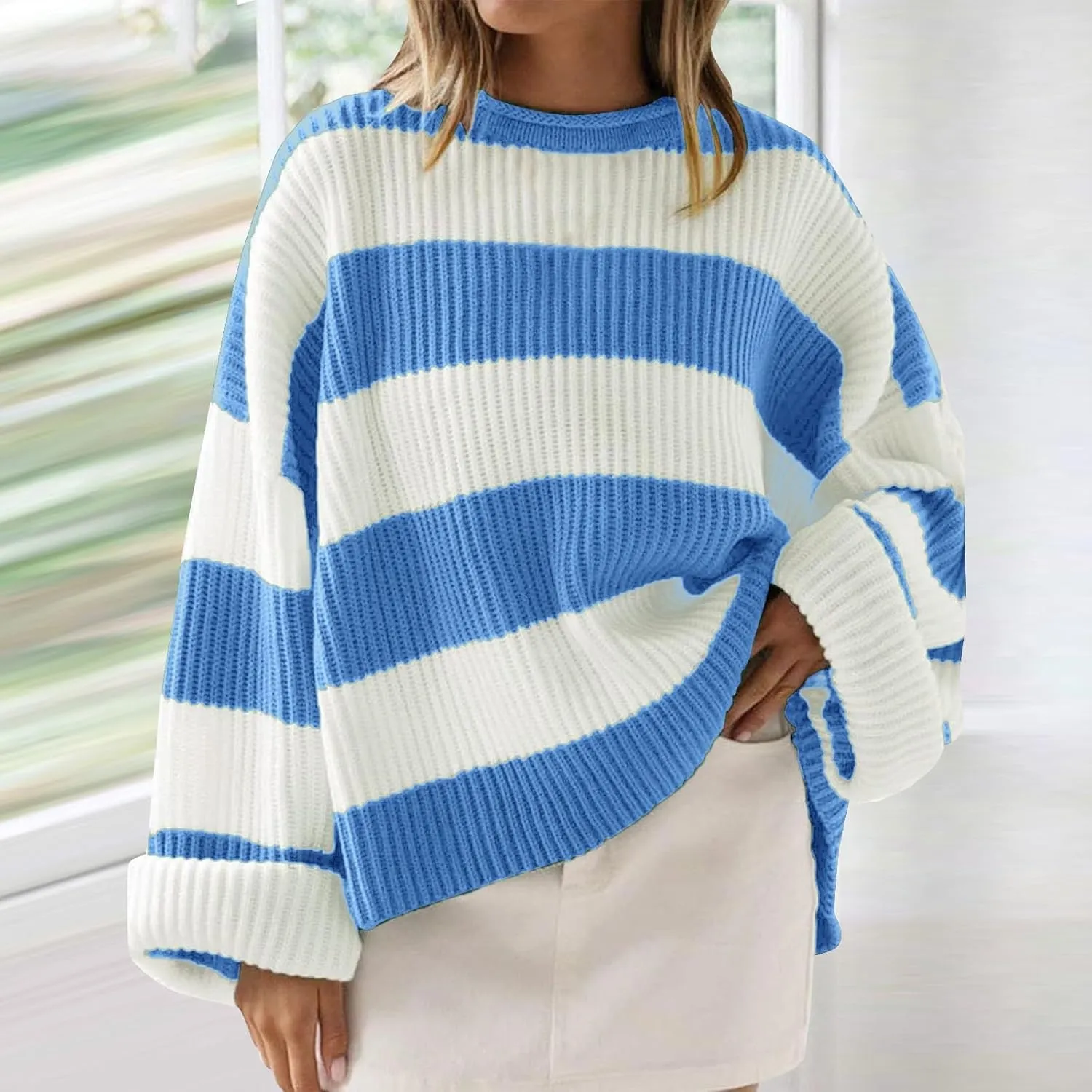 Women's Fall Long Sleeve Crew Neck Striped Color Block Comfy Loose Oversized Knitted Pullover Sweater 2025