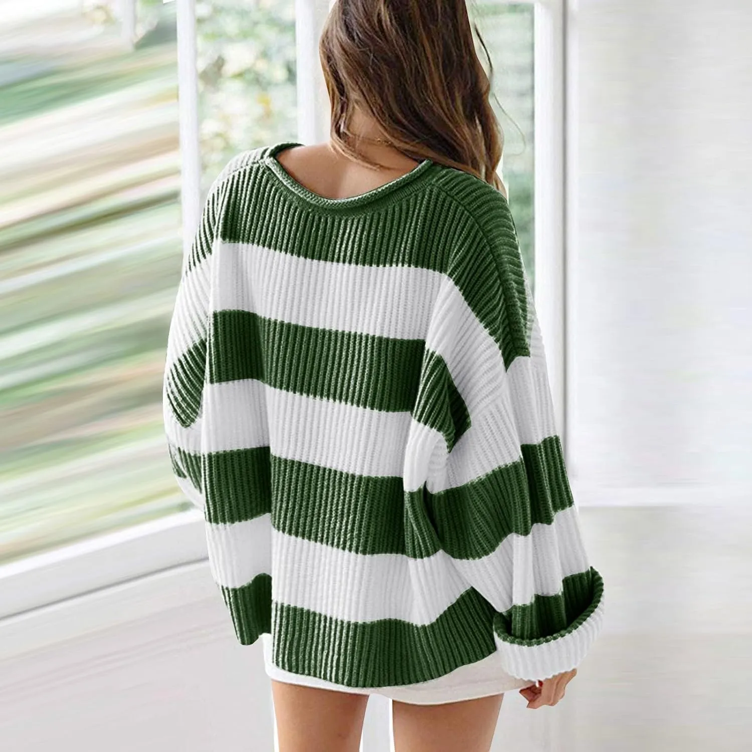 Women's Fall Long Sleeve Crew Neck Striped Color Block Comfy Loose Oversized Knitted Pullover Sweater 2025