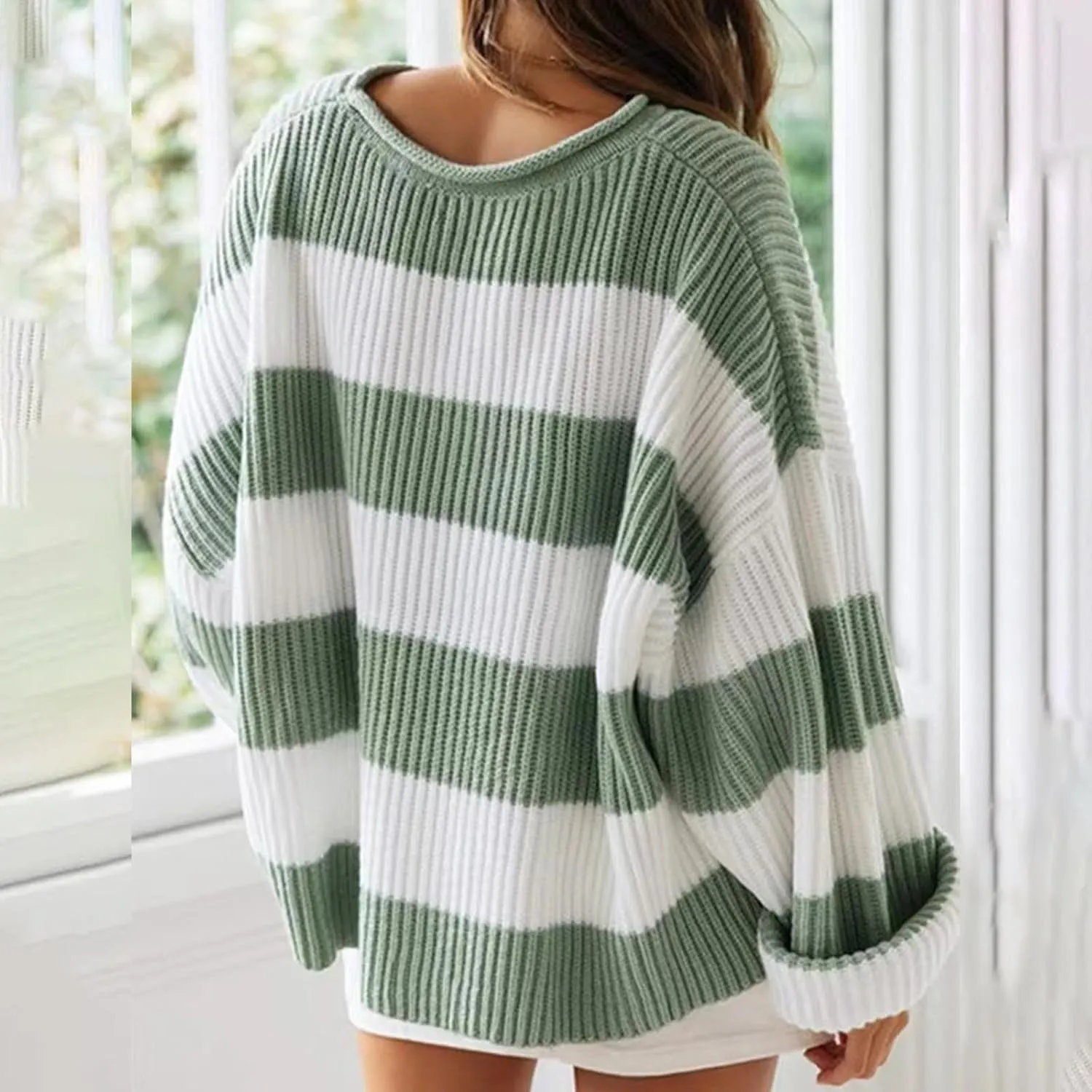 Women's Fall Long Sleeve Crew Neck Striped Color Block Comfy Loose Oversized Knitted Pullover Sweater 2025