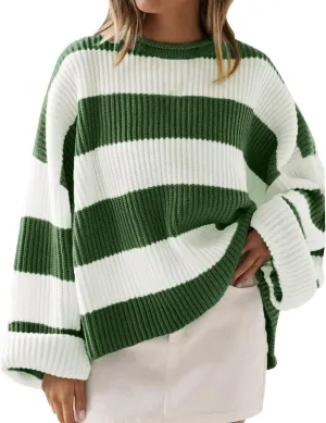 Women's Fall Long Sleeve Crew Neck Striped Color Block Comfy Loose Oversized Knitted Pullover Sweater 2025